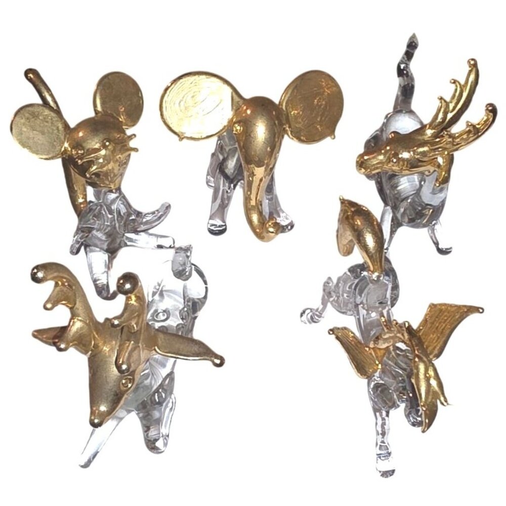 4 Vintage Crystal Animal Figurines 24K Gold Gilded mouse elephant deer Pegasus